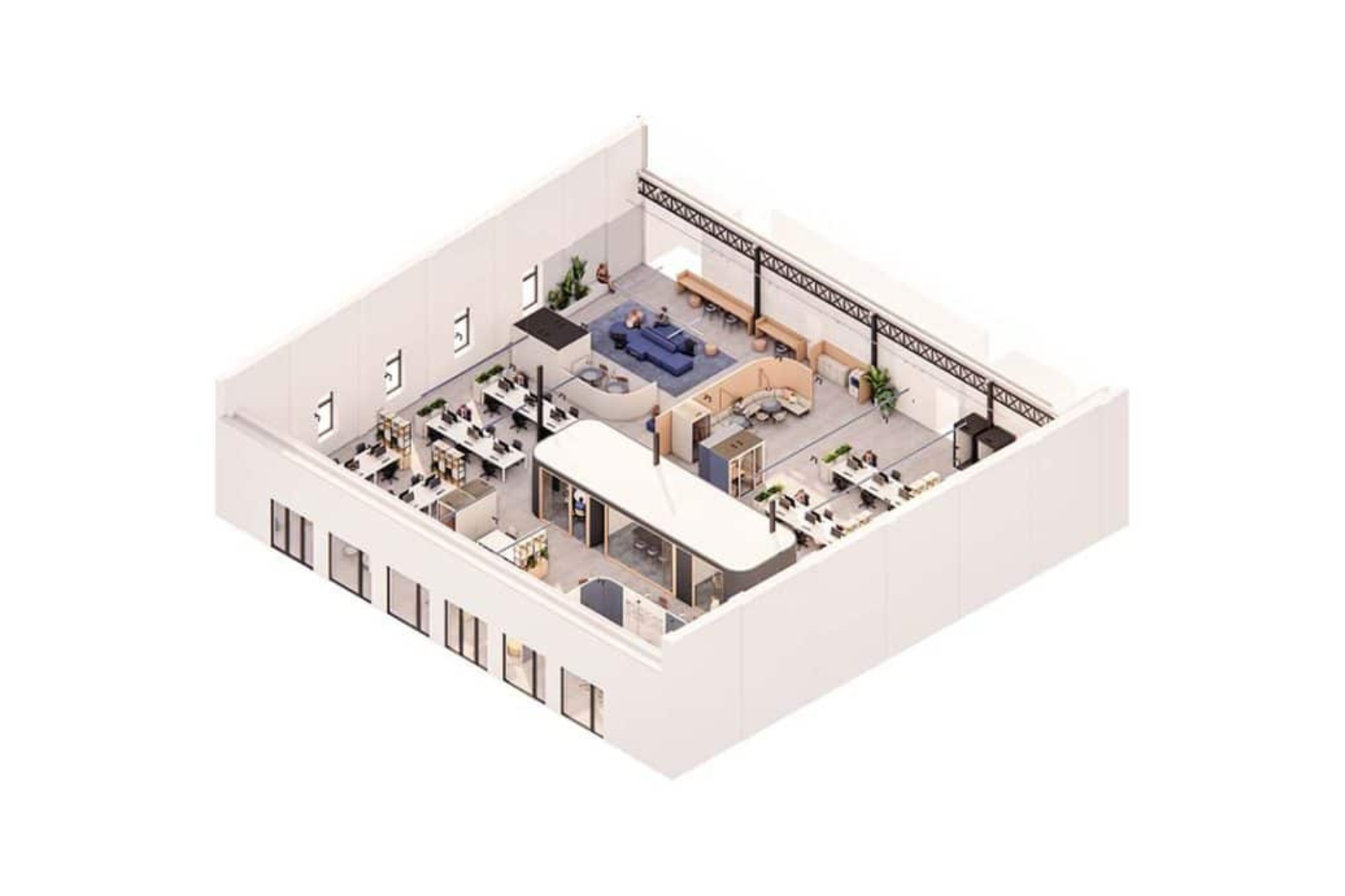 3D kantoorontwerp dat verschillende werkzones zoals werkplekken, lounge en vergaderruimtes toont.